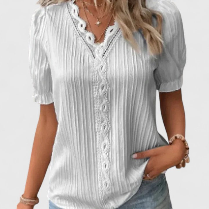 Women's V-Neck Blouse with Hollow Sleeves - Relaxed Summer Style - White
