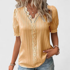 Women's V-Neck Blouse with Hollow Sleeves - Relaxed Summer Style - Yellow