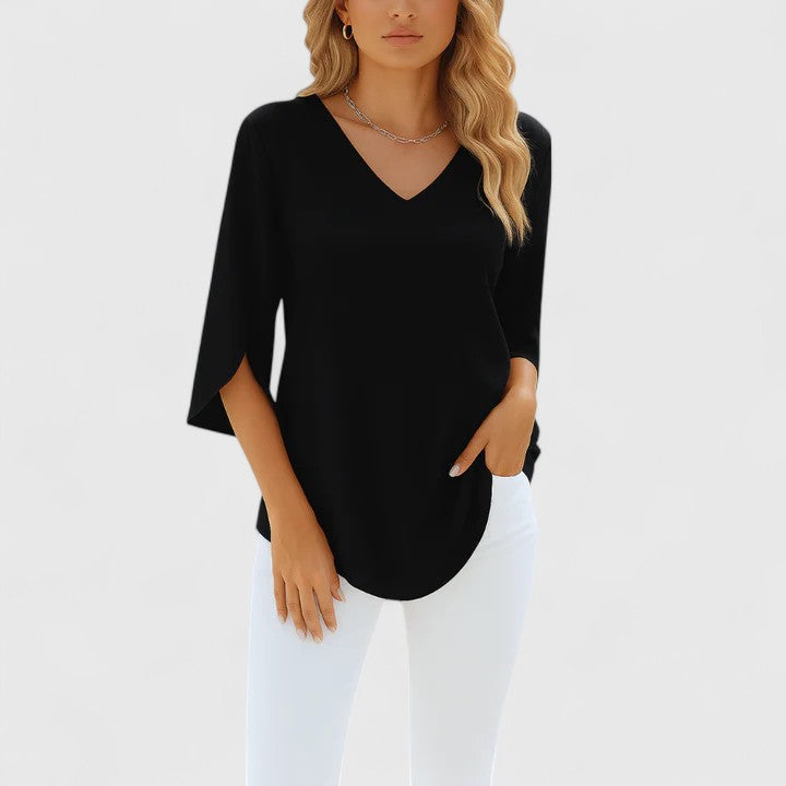 Women's V-Neck Blouse with Split Sleeves - Elegant Summer Style - Black