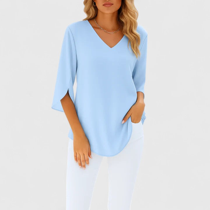 Women's V-Neck Blouse with Split Sleeves - Elegant Summer Style - Blue