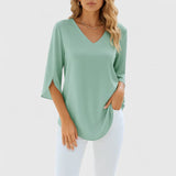 Women's V-Neck Blouse with Split Sleeves - Elegant Summer Style - Green