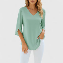 Women's V-Neck Blouse with Split Sleeves - Elegant Summer Style - Green