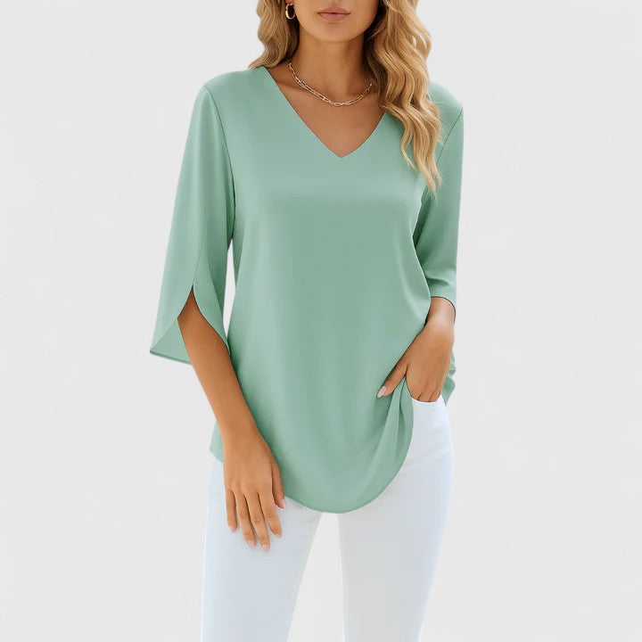 Women's V-Neck Blouse with Split Sleeves - Elegant Summer Style - Green