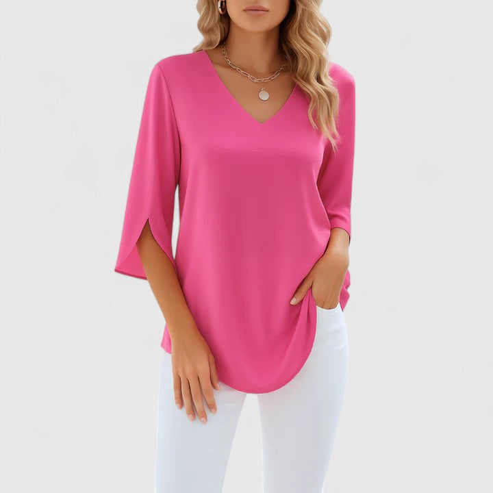 Women's V-Neck Blouse with Split Sleeves - Elegant Summer Style - Pink