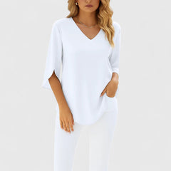 Women's V-Neck Blouse with Split Sleeves - Elegant Summer Style - White