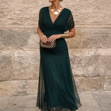 Women's V-Neck Chiffon Maxi Dress - Elegant Cocktail Party | Autumn - Bottle Green