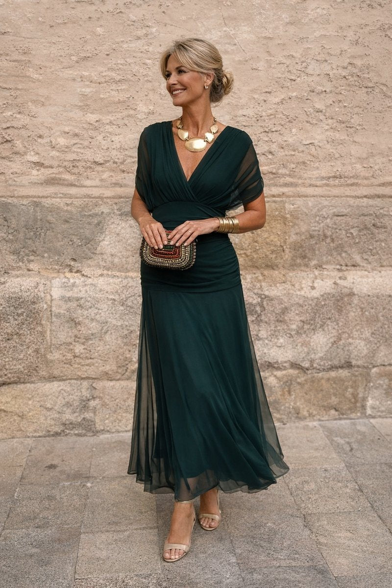 Women's V-Neck Chiffon Maxi Dress - Elegant Cocktail Party | Autumn - Bottle Green