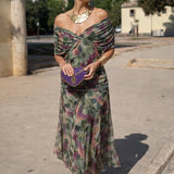 Women's V-Neck Chiffon Maxi Dress - Elegant Cocktail Party | Autumn - Bouquet