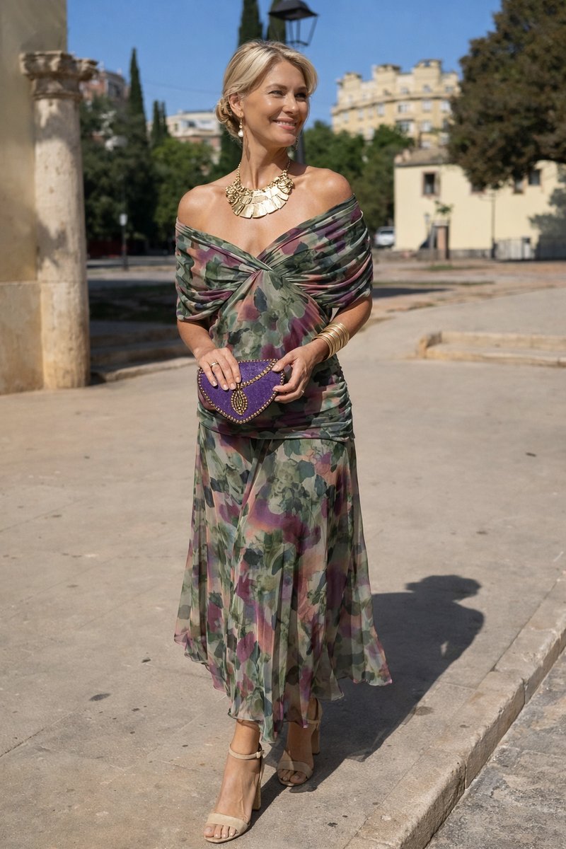 Women's V-Neck Chiffon Maxi Dress - Elegant Cocktail Party | Autumn - Bouquet