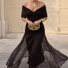 Women's V-Neck Chiffon Maxi Dress - Elegant Cocktail Party | Autumn - Brown