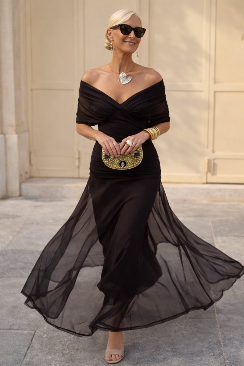 Women's V-Neck Chiffon Maxi Dress - Elegant Cocktail Party | Autumn - Brown