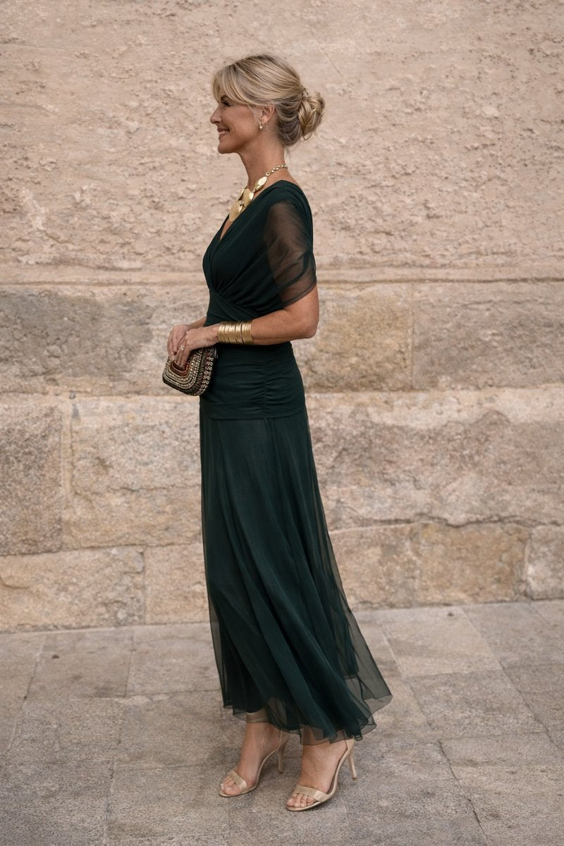 Women's V-Neck Chiffon Maxi Dress - Elegant Cocktail Party | Autumn