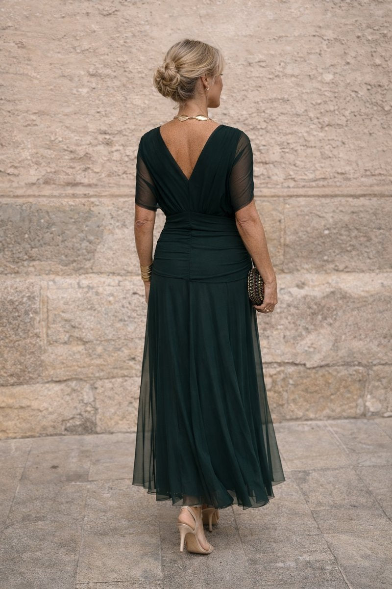 Women's V-Neck Chiffon Maxi Dress - Elegant Cocktail Party | Autumn