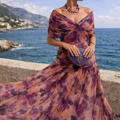 Women's V-Neck Chiffon Maxi Dress - Elegant Cocktail Party | Autumn - Green