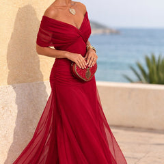 Women's V-Neck Chiffon Maxi Dress - Elegant Cocktail Party | Autumn - Red