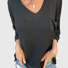 Women's V-Neck Comfortable Top - Lightweight Everyday Style | Autumn - Black