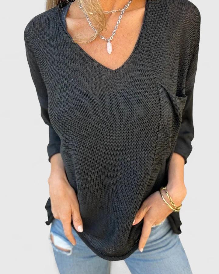Women's V-Neck Comfortable Top - Lightweight Everyday Style | Autumn - Black