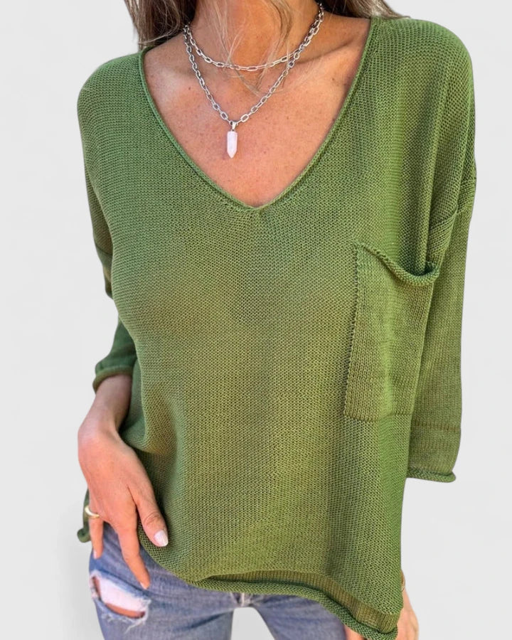 Women's V-Neck Comfortable Top - Lightweight Everyday Style | Autumn - Green