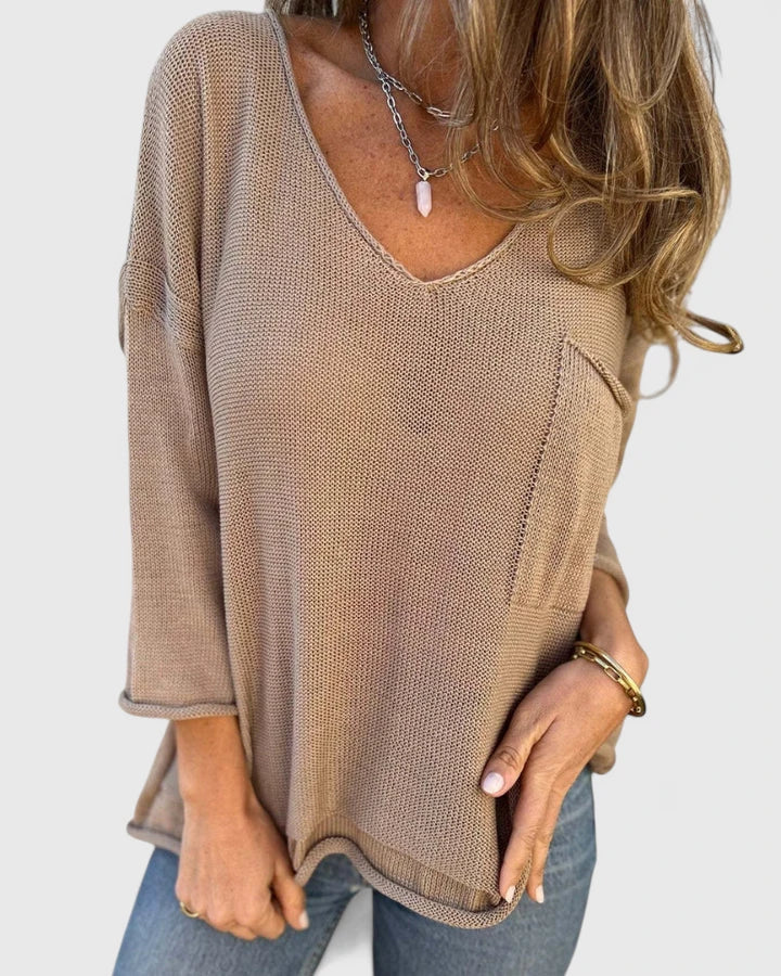 Women's V-Neck Comfortable Top - Lightweight Everyday Style | Autumn - Khaki