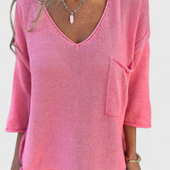 Women's V-Neck Comfortable Top - Lightweight Everyday Style | Autumn - Pink