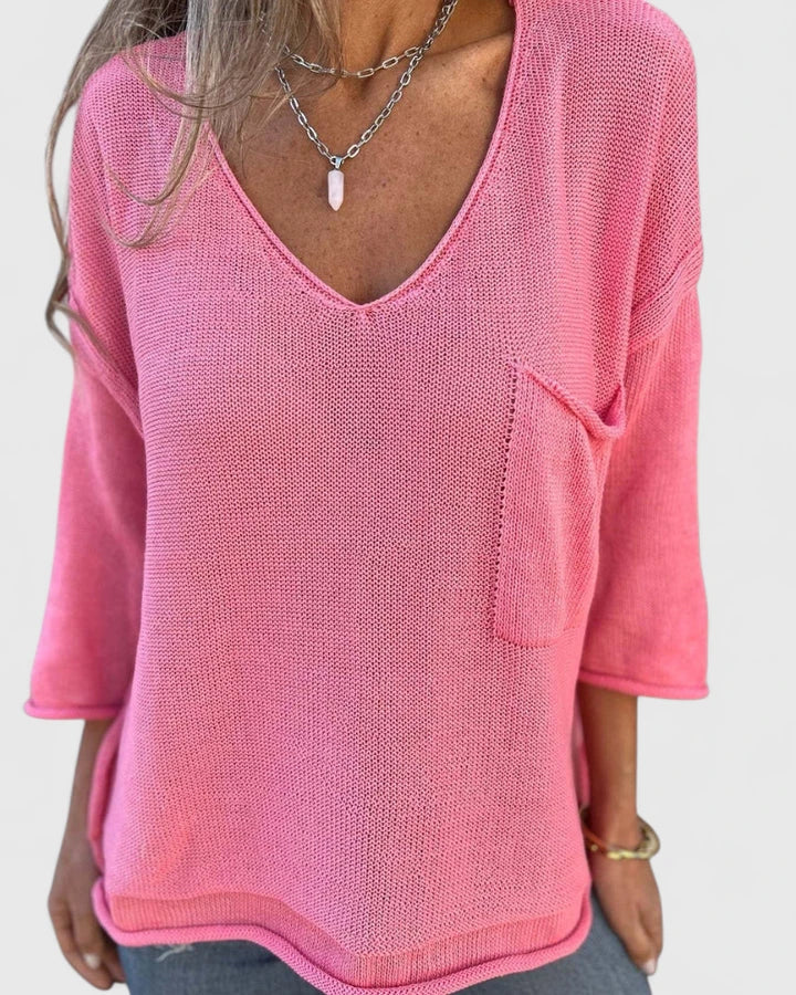 Women's V-Neck Comfortable Top - Lightweight Everyday Style | Autumn - Pink