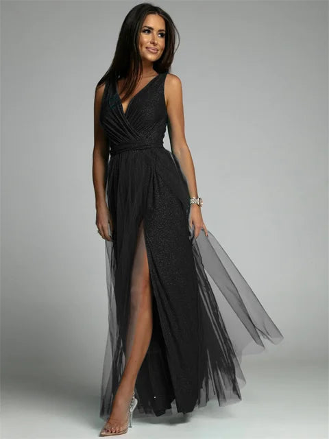 Women's V-Neck Crossover Dress - Sleeveless Evening Style | Spring - Black