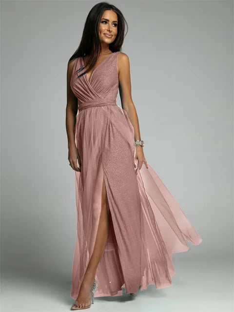 Women's V-Neck Crossover Dress - Sleeveless Evening Style | Spring - Rose