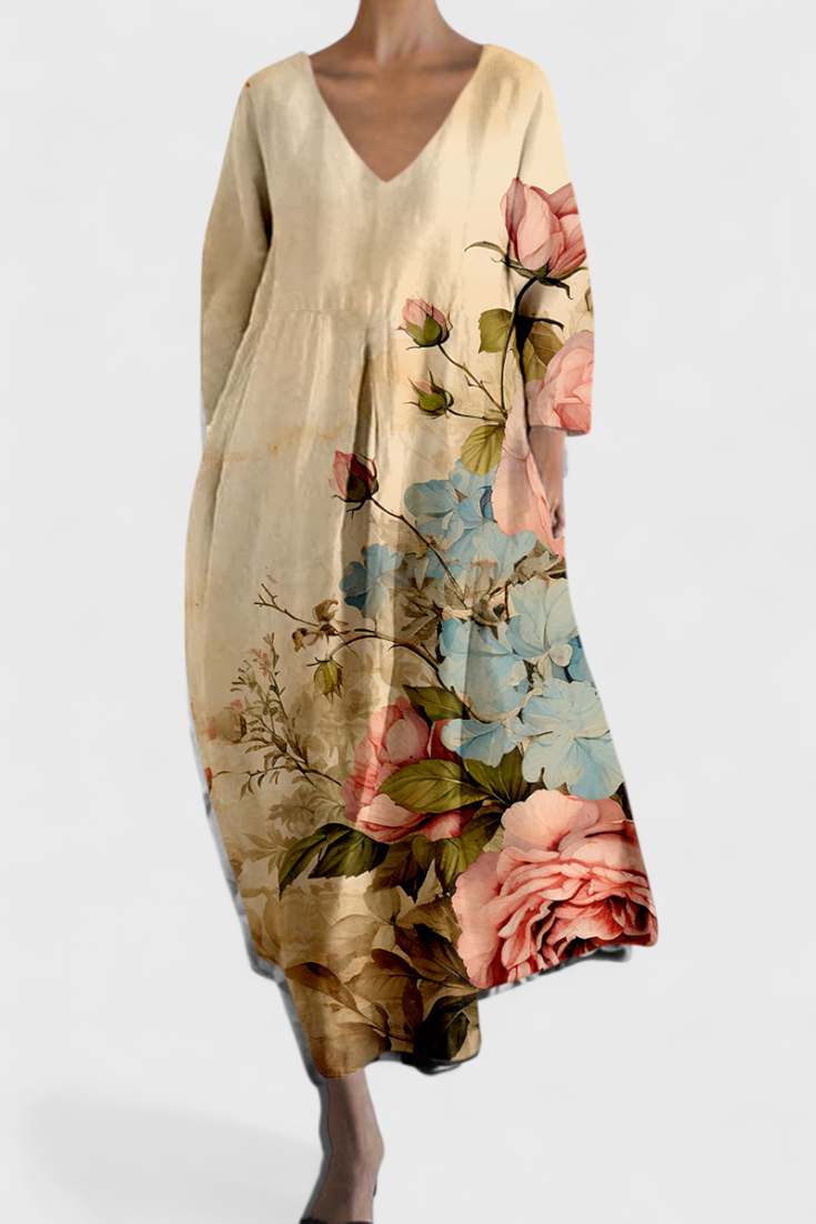 Women's V-Neck Dress - Flowing Comfort | Spring - Beige