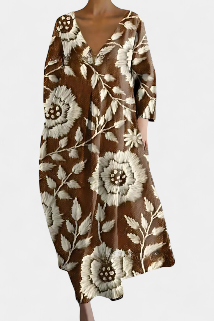 Women's V-Neck Dress - Flowing Comfort | Spring - Brown