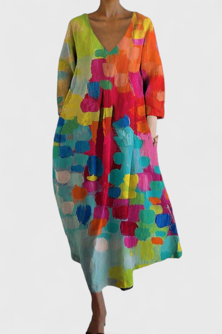 Women's V-Neck Dress - Flowing Comfort | Spring - Multicolor