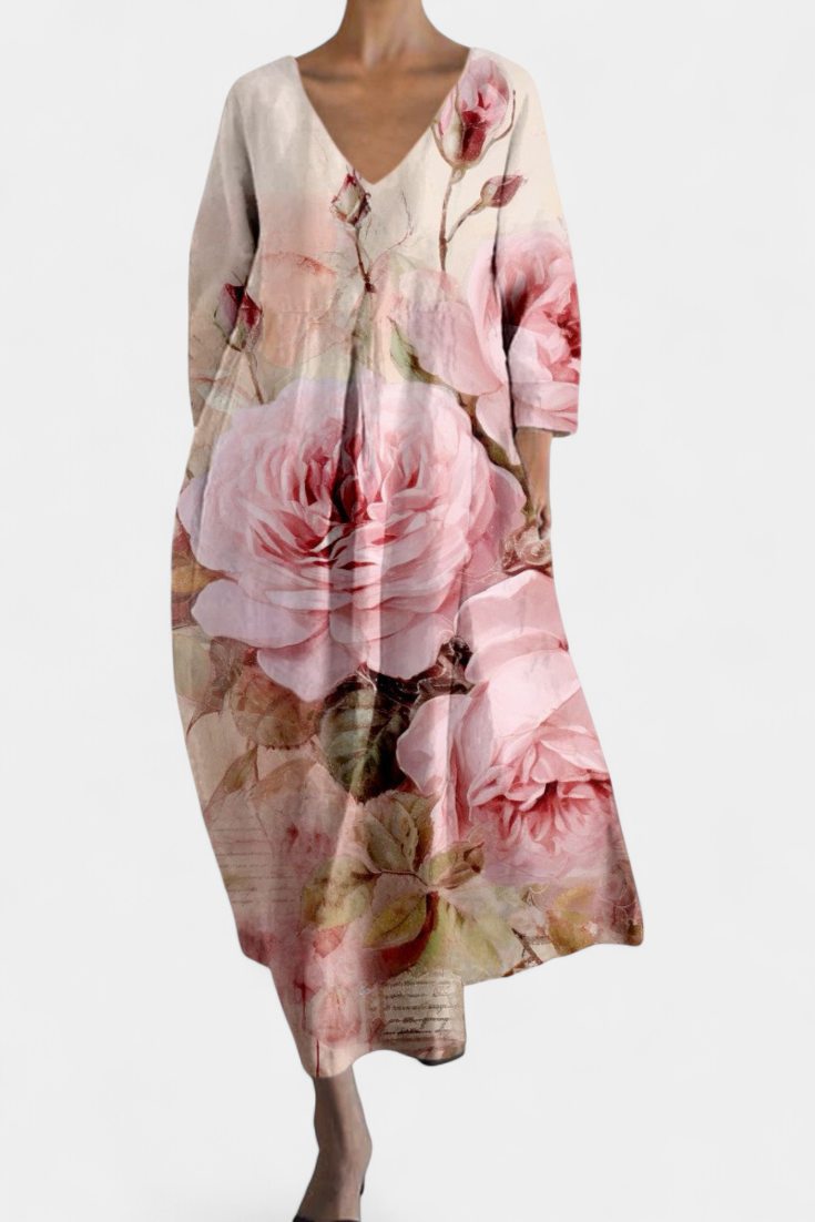 Women's V-Neck Dress - Flowing Comfort | Spring - Pink Floral