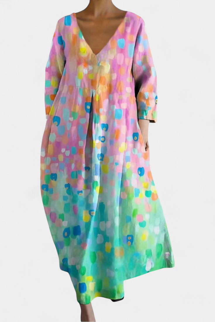 Women's V-Neck Dress - Flowing Comfort | Spring - Pink Multicolor
