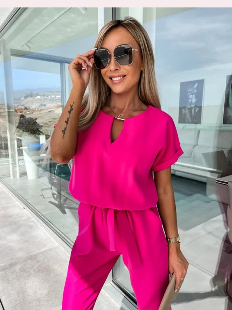 Women's V-Neck Jumpsuit with Short Sleeves - Elegant Tailored Fit