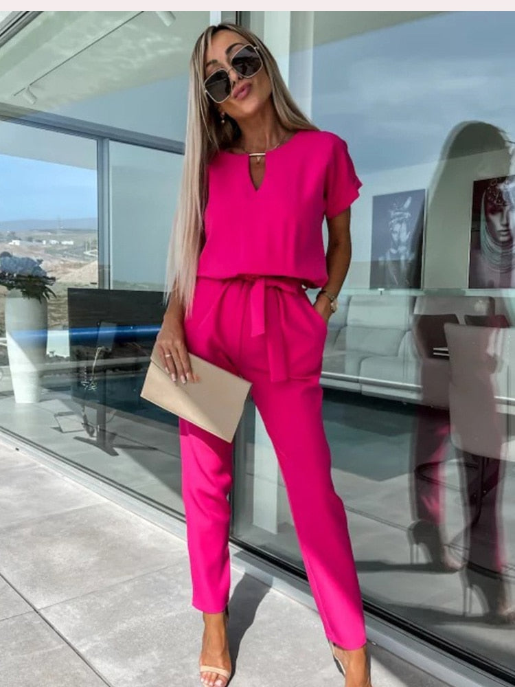 Women's V-Neck Jumpsuit with Short Sleeves - Elegant Tailored Fit - Rose Red