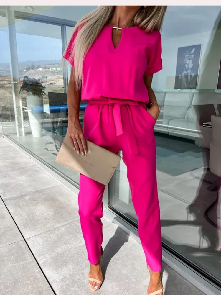 Women's V-Neck Jumpsuit with Short Sleeves - Elegant Tailored Fit