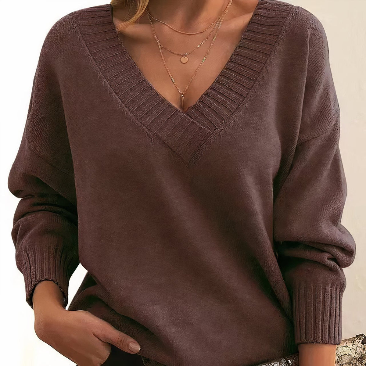 Women's V-Neck Long Sleeve Cashmere Blend Sweater | Autumn - Auburn