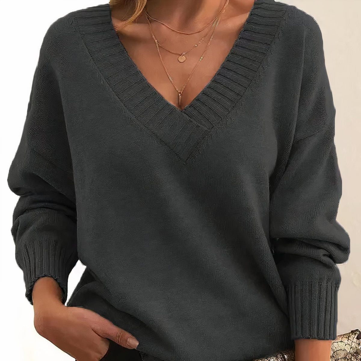 Women's V-Neck Long Sleeve Cashmere Blend Sweater | Autumn - Dark Gray
