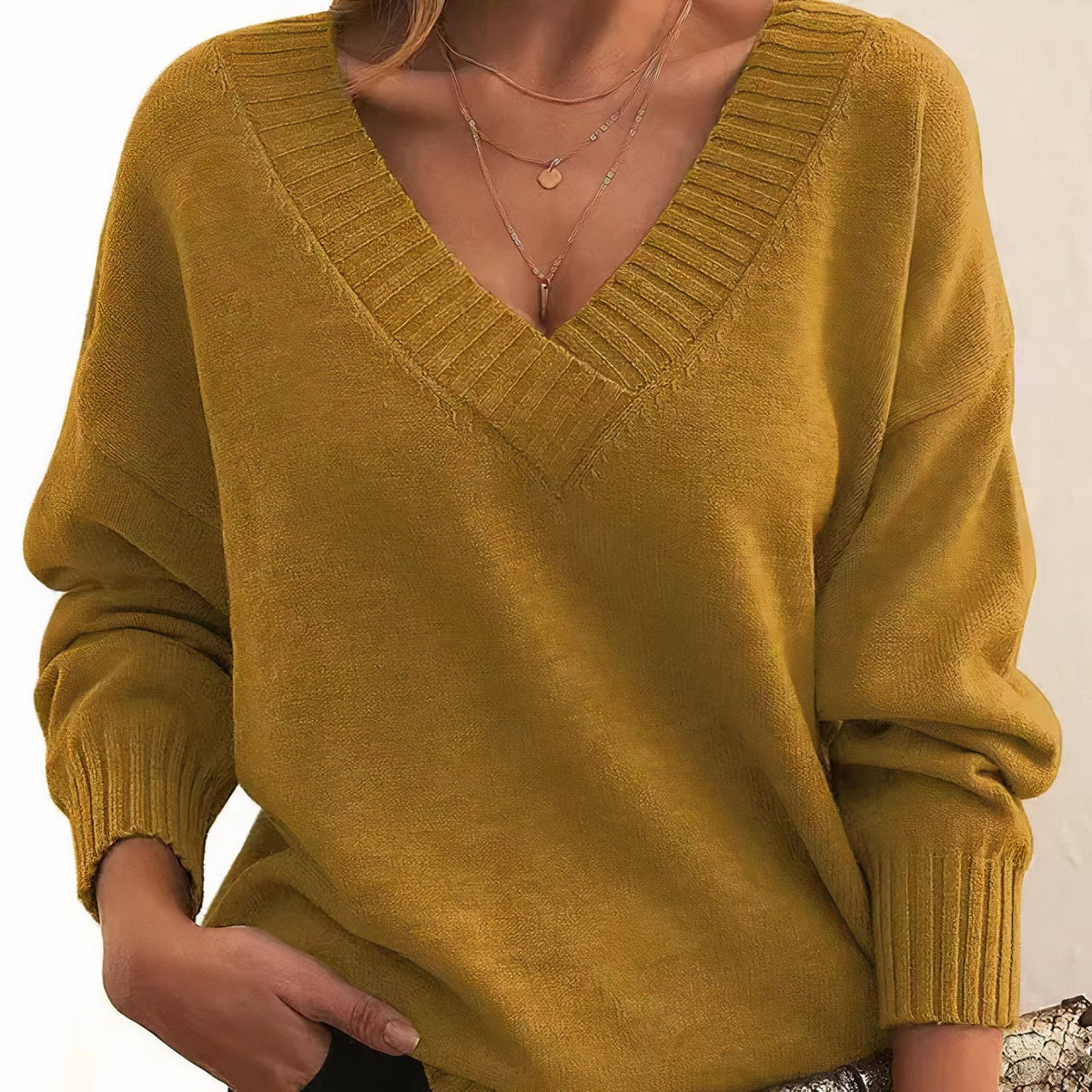 Women's V-Neck Long Sleeve Cashmere Blend Sweater | Autumn - Gold