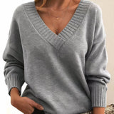 Women's V-Neck Long Sleeve Cashmere Blend Sweater | Autumn - Gray
