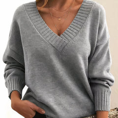 Women's V-Neck Long Sleeve Cashmere Blend Sweater | Autumn - Gray
