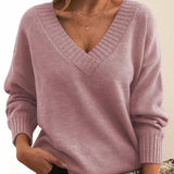 Women's V-Neck Long Sleeve Cashmere Blend Sweater | Autumn - Pink