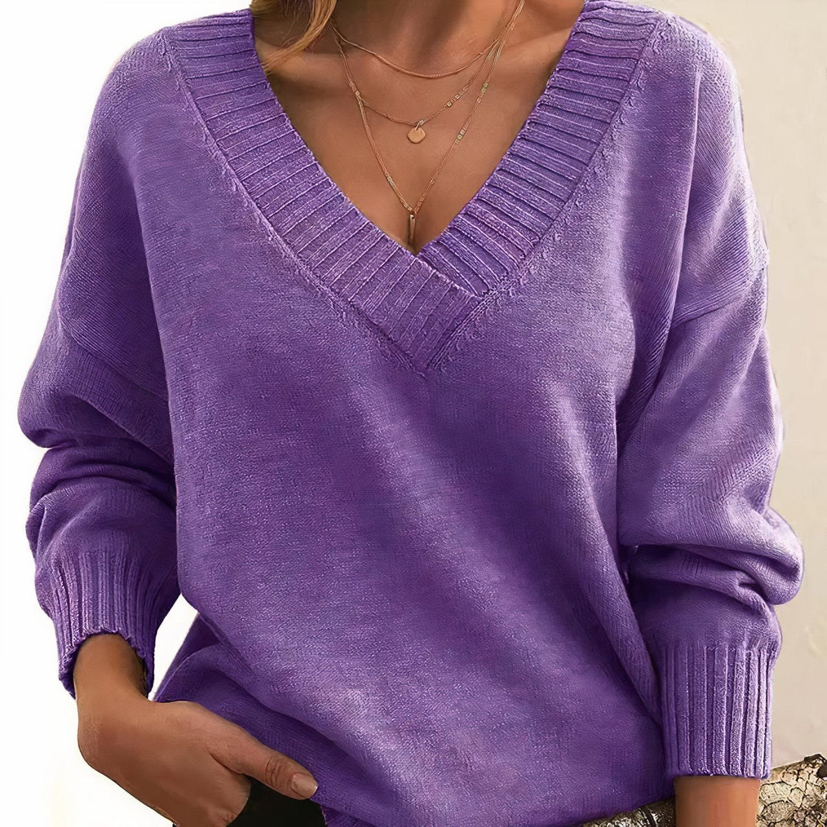 Women's V-Neck Long Sleeve Cashmere Blend Sweater | Autumn - Purple