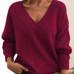 Women's V-Neck Long Sleeve Cashmere Blend Sweater | Autumn - Red