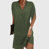 Women's V-Neck Loose Mini Dress - Summer Style - Green