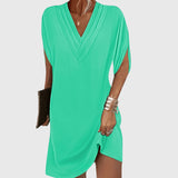 Women's V-Neck Loose Mini Dress - Summer Style - Light Green