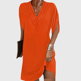 Women's V-Neck Loose Mini Dress - Summer Style - Orange