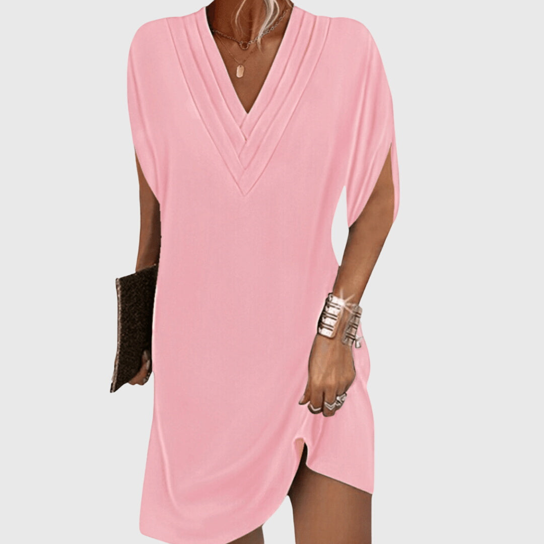 Women's V-Neck Loose Mini Dress - Summer Style - Pink