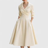 Women's V-Neck Midi Dress with Flared Skirt - Navy | Autumn - Beige
