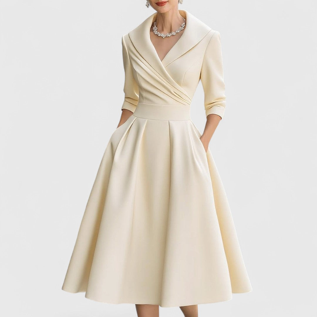 Women's V-Neck Midi Dress with Flared Skirt - Navy | Autumn - Beige