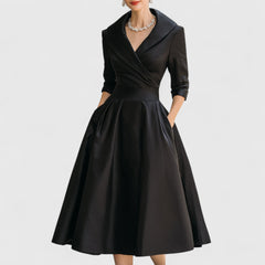 Women's V-Neck Midi Dress with Flared Skirt - Navy | Autumn - Black